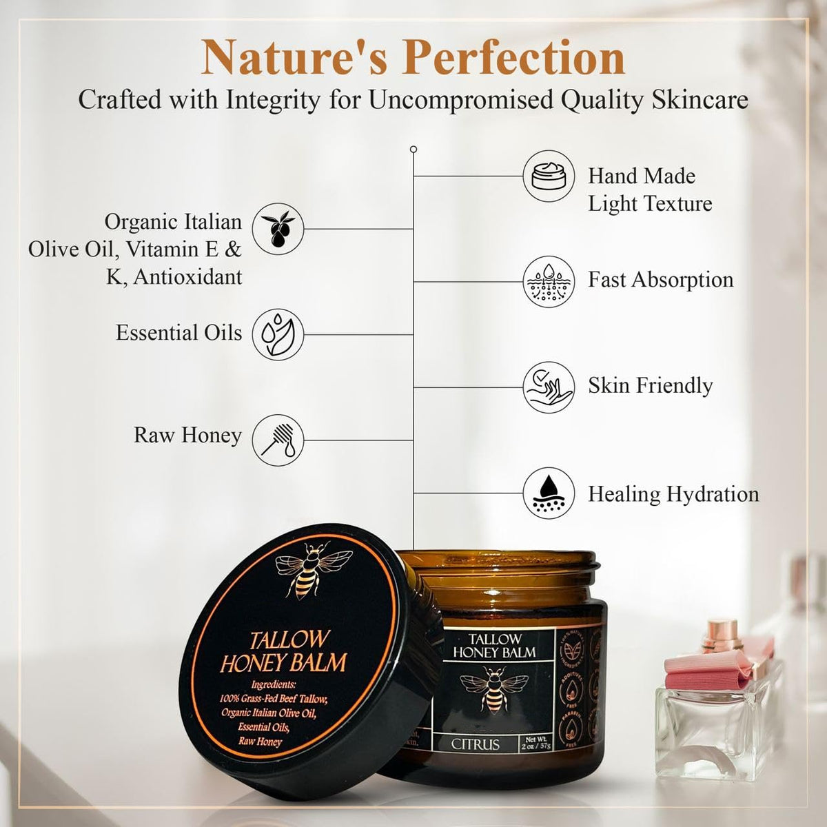 🌿 Organic Grass-Fed Beef Tallow Balm with Raw Honey - Handmade All-Natural Moisturizer for Soft, Smooth, Radiant Skin